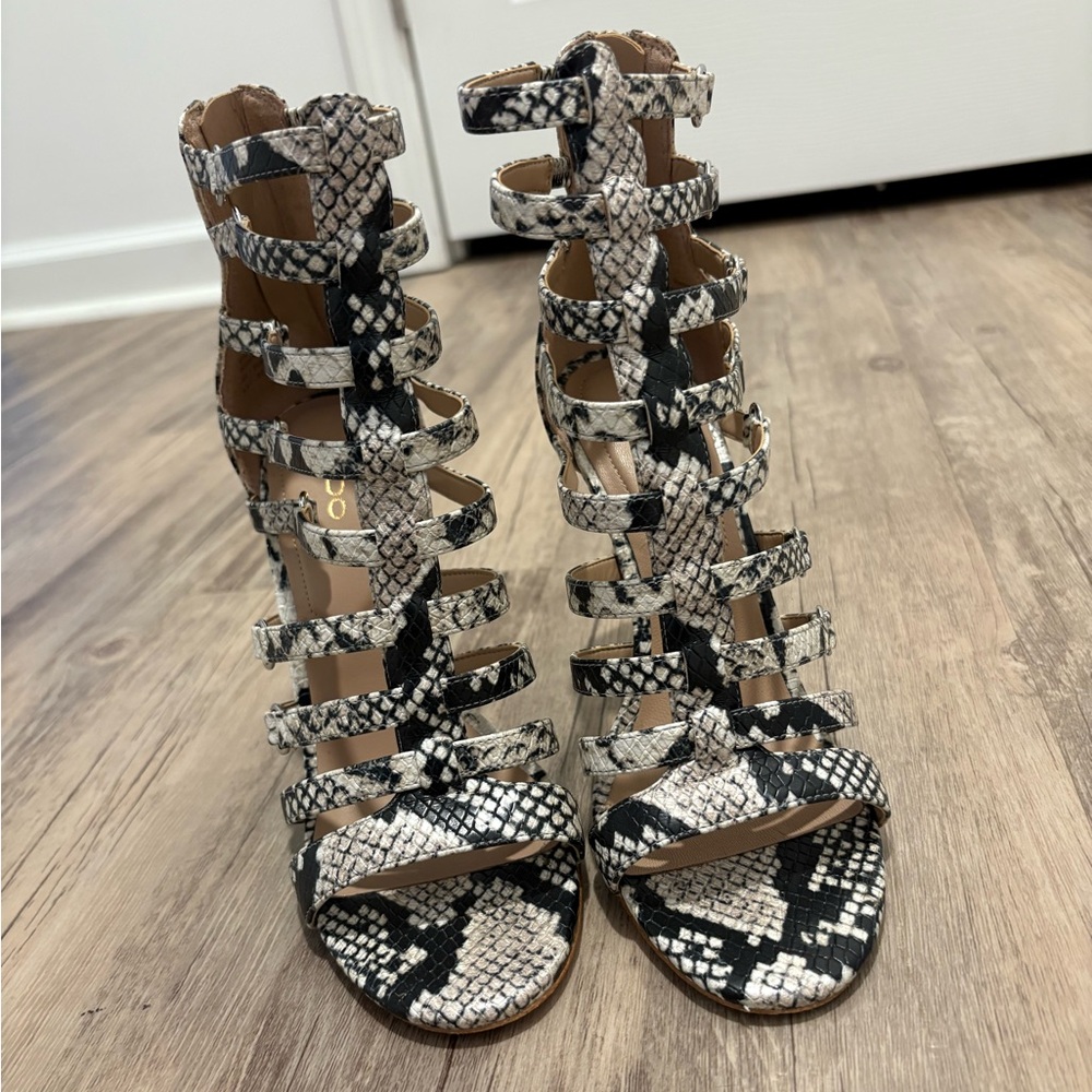 ALDO Black and White Snakeskin Strappy Heels